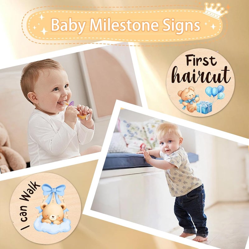 MCIAONE Baby Monthly Milestone Cards - 13 Double-Sided Wooden Milestone Signs Discs with Bear & Star Designs, Little Bears Birth Announcement Cards for Photo Props(0-12 Months), Newborn Sign Baby Shower/Gift - Image 2